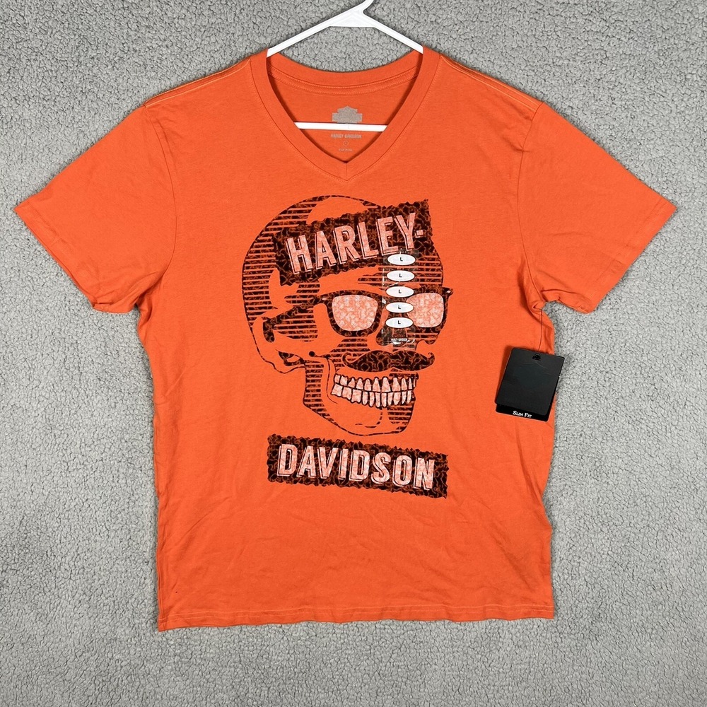 NWT - Harley Davidson Skull Graphic Print T Shirt Mens L V-Neck Orange Slim Fit